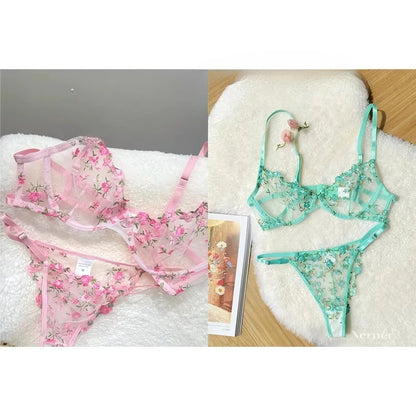 Sweet Sexy Lace Lingerie Set, Floral Embroidery Sheer Mesh, Thin Cooling, Big Bust Relief, Japanese Daily Women Underwear 32-38