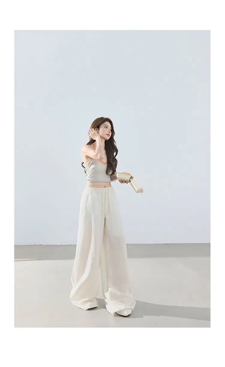 Loose wide-leg pants, classic style, drapey floor-length with drawstring, versatile thin linen straight casual pants for women