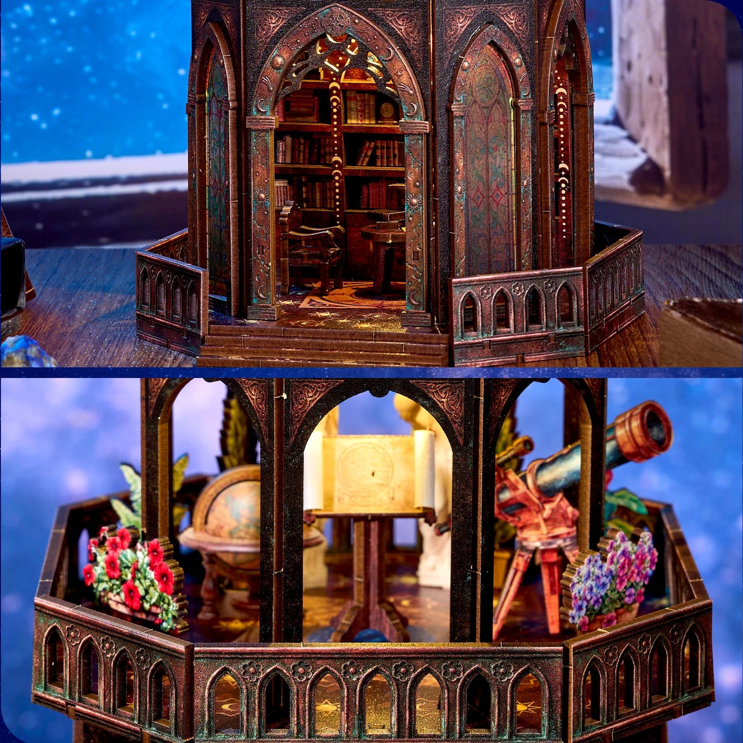 Book Nook Kit Observatory DIY 3D Wooden Puzzle Bookshelf Insert Dollhouse Model Bookend Building Home Decoration Gifts
