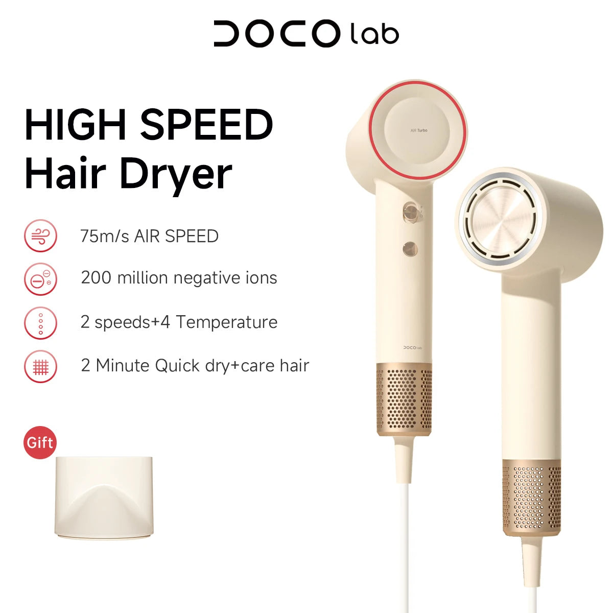 DOCO Hair Dryer High Speed 600 million Negative Ions Hair Care Professional Lightweight Home Travel Gift 110000 Rpm