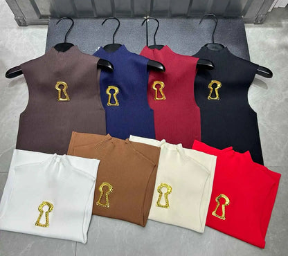 Spring Summer Solid Spliced Metal Buckle Slimming Knit Tshirt For Women Turtleneck Sleeveless Minimalist T Shirt Female Fashion