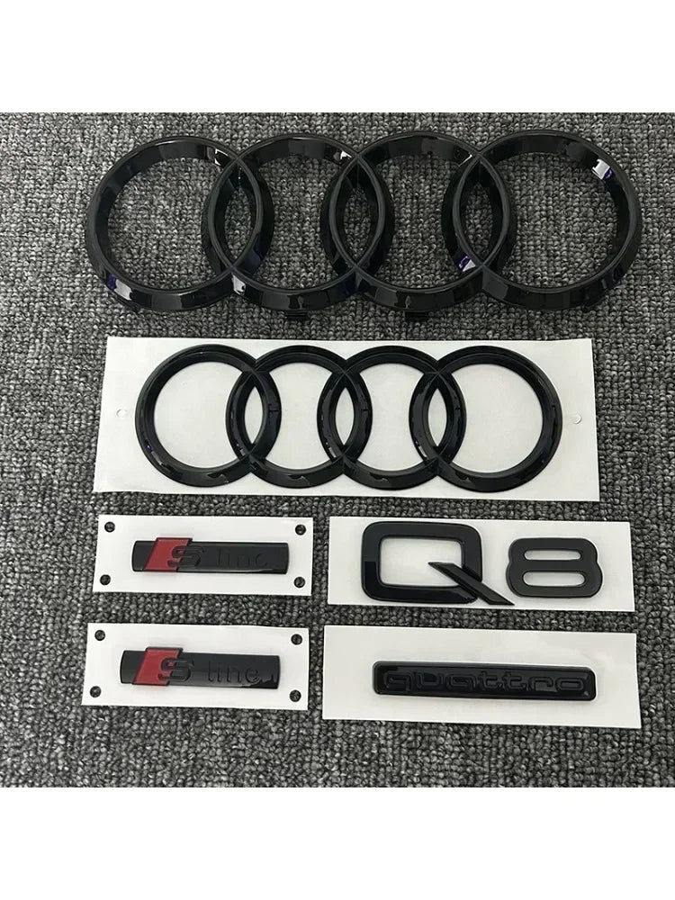 AUDI Q8 4-Ring logo ABS Black Car Hood Front Grill Emblem Rear Trunk Badge Q8 Sticker Quarrto Sline Emblem For Q8 2018-2024