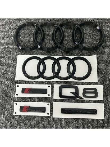 AUDI Q8 4-Ring logo ABS Black Car Hood Front Grill Emblem Rear Trunk Badge Q8 Sticker Quarrto Sline Emblem For Q8 2018-2024