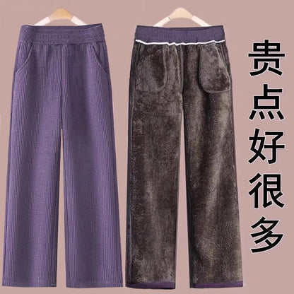 Fleece Lined Thick Corduroy High Waist Wide Leg Pants Women's Autumn Winter New Style Drapey Mom Straight Leg Trousers Trendy