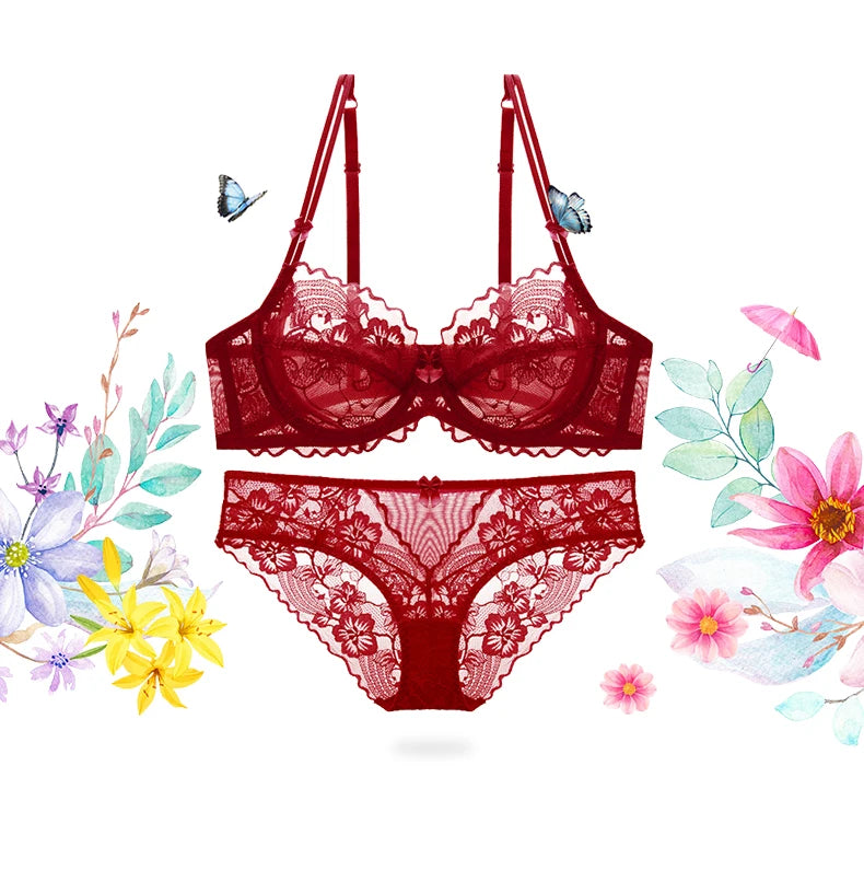 Delicate French Lace Bra Set, Sheer Minimiser Underwire for Lift, Elegant & Breathable Lingerie Large Bust MOYISU Sexy Panty Set
