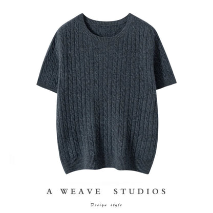 100% Pure Cashmere Fried Dough Twists Round Neck Solid Short Sleeve Women's High Quality Luxury Pullover Sweater Spring Autumn