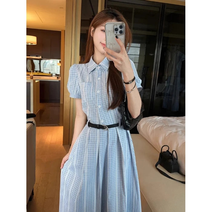 Gentle Wind Beautiful Blue Shirt Dress Women's Summer High-End Waist-Cinching Student Long Skirt Elegant Short Sleeve Knitted...