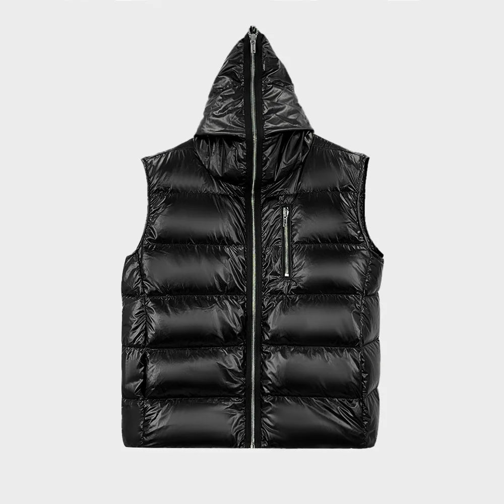 High Street Duck Down Vests Men's Dark Style Winter New Hooded Vest with Long Zipper Pocket Warm Vest Jacket Loose Down Vest