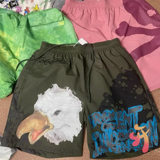 Summer Vintage Street Cactus Jack Shorts Lightning Eagle Print Embroidered Logo Mesh Nylon Elastic Waist Casual Shorts Men Pants
