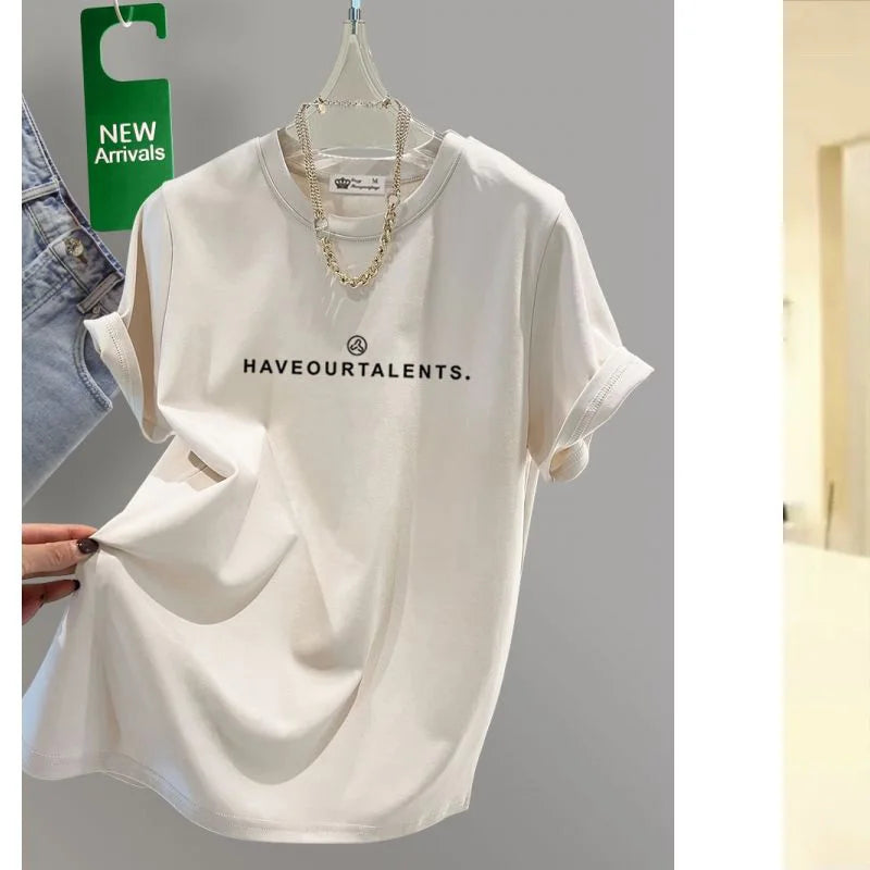 Women's Clothing Cotton T-shirt Spring/Summer Small Letters Short Sleeve Casual Tees Lady Versatile O-neck Basic Large Size Tops