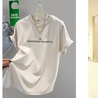 Women's Clothing Cotton T-shirt Spring/Summer Small Letters Short Sleeve Casual Tees Lady Versatile O-neck Basic Large Size Tops