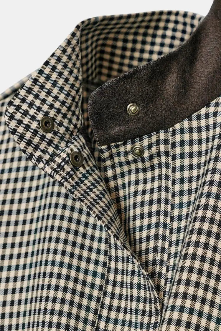 Color Block Plaid Pilot Jacket Coat High Collar Long Sleeve Women's Spring Fashion Set with Midi Skirt Spring Season Pattern
