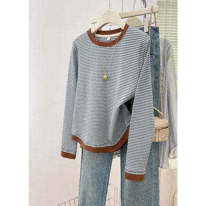 Spring New Style Color Block Long Sleeve round Neck Base Shirt Women's Retro Striped T-Shirt Asymmetrical Hemline Casual Cotton