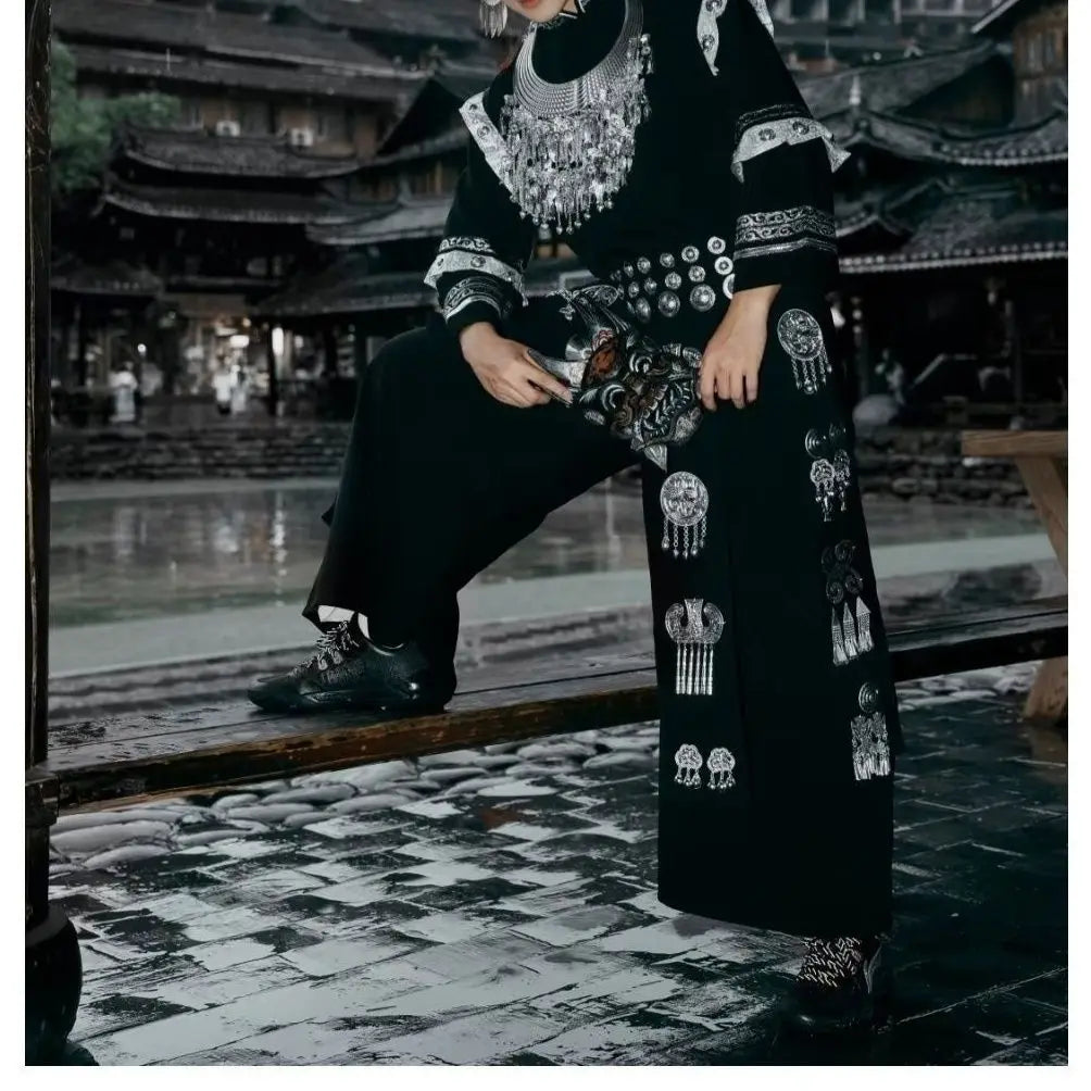 New Men's Ethnic Miao Ethnicity Clothing Set Photography Portrait Photography Long Sleeve Loose Fit round Neck Single Button