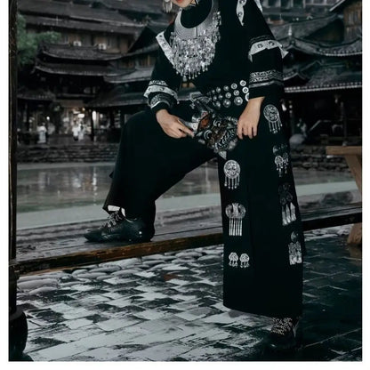 New Men's Ethnic Miao Ethnicity Clothing Set Photography Portrait Photography Long Sleeve Loose Fit round Neck Single Button
