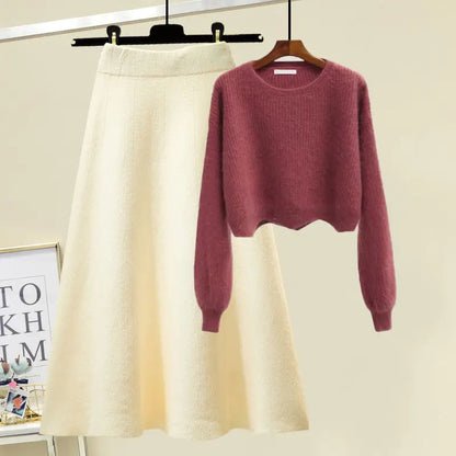 plus Size Women's Autumn Winter Knitted Sweater White Half-length Skirt Two-piece Set Slimming Concealing Anti-aging