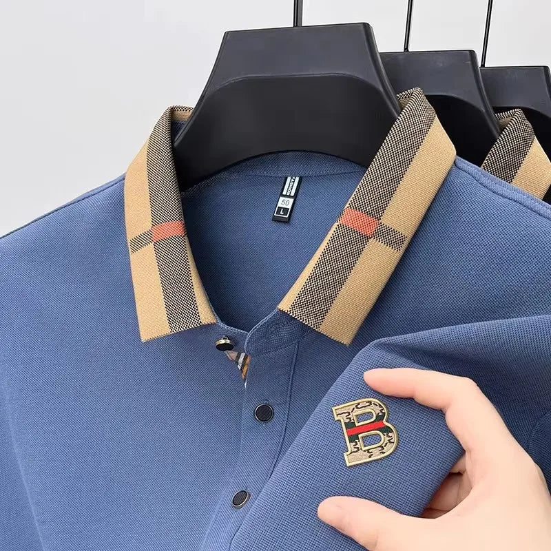 Luxury brand logo short sleeved polo shirt for men's summer new high-end silk cotton breathable casual fashion T-shirt clothing