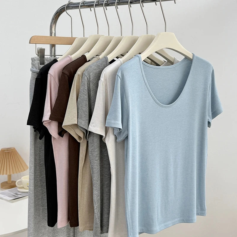 Women Lyocell T Shirt U Neck Short Sleeve Summer Slim Fit Basic Casual Top