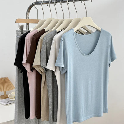 Women Lyocell T Shirt U Neck Short Sleeve Summer Slim Fit Basic Casual Top