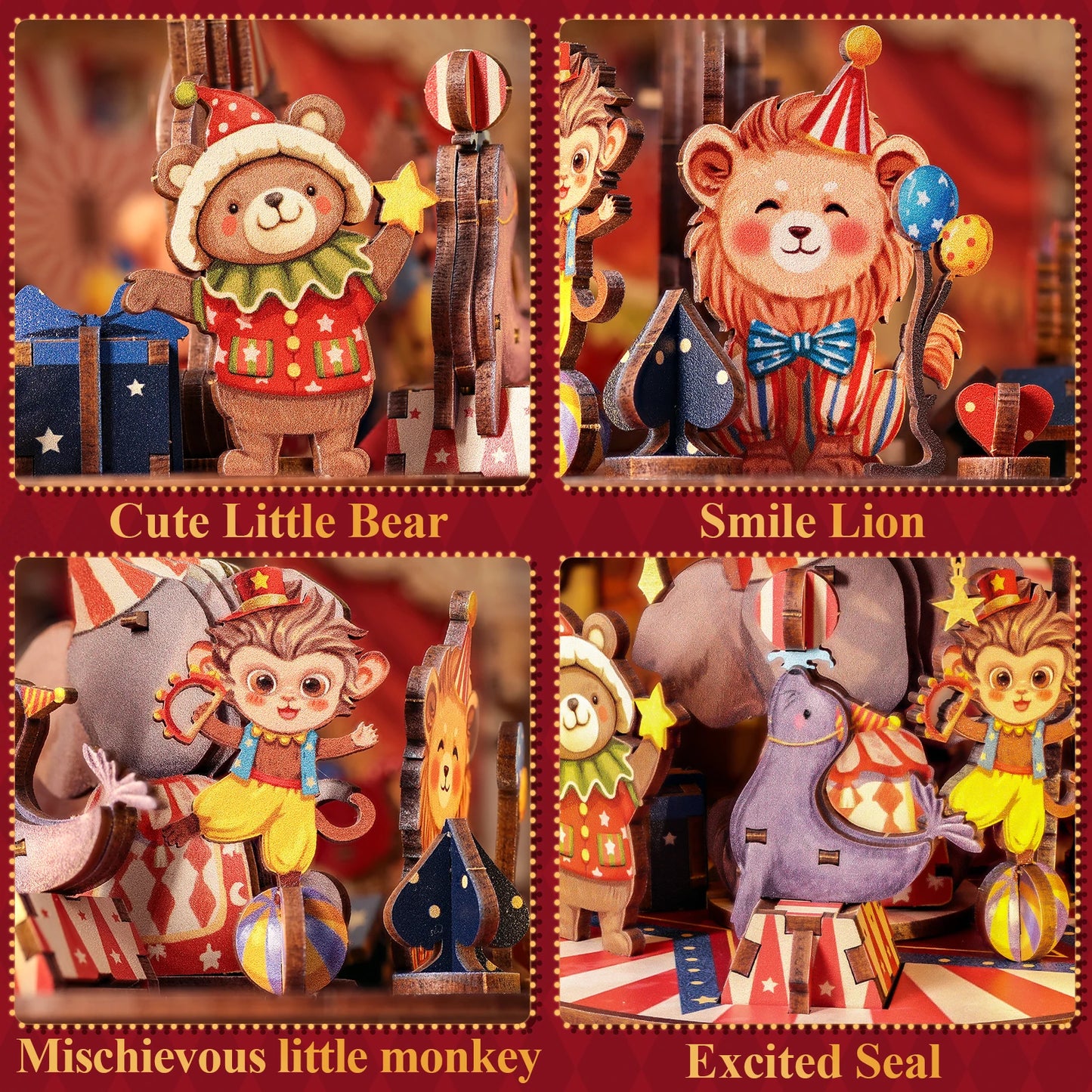 CUTEBEE Animal Carnival DIY Music Box Kit Wooden 3D Puzzle Miniature Dollhouse Cute Animal Figures Handcrafted Model for Desk De