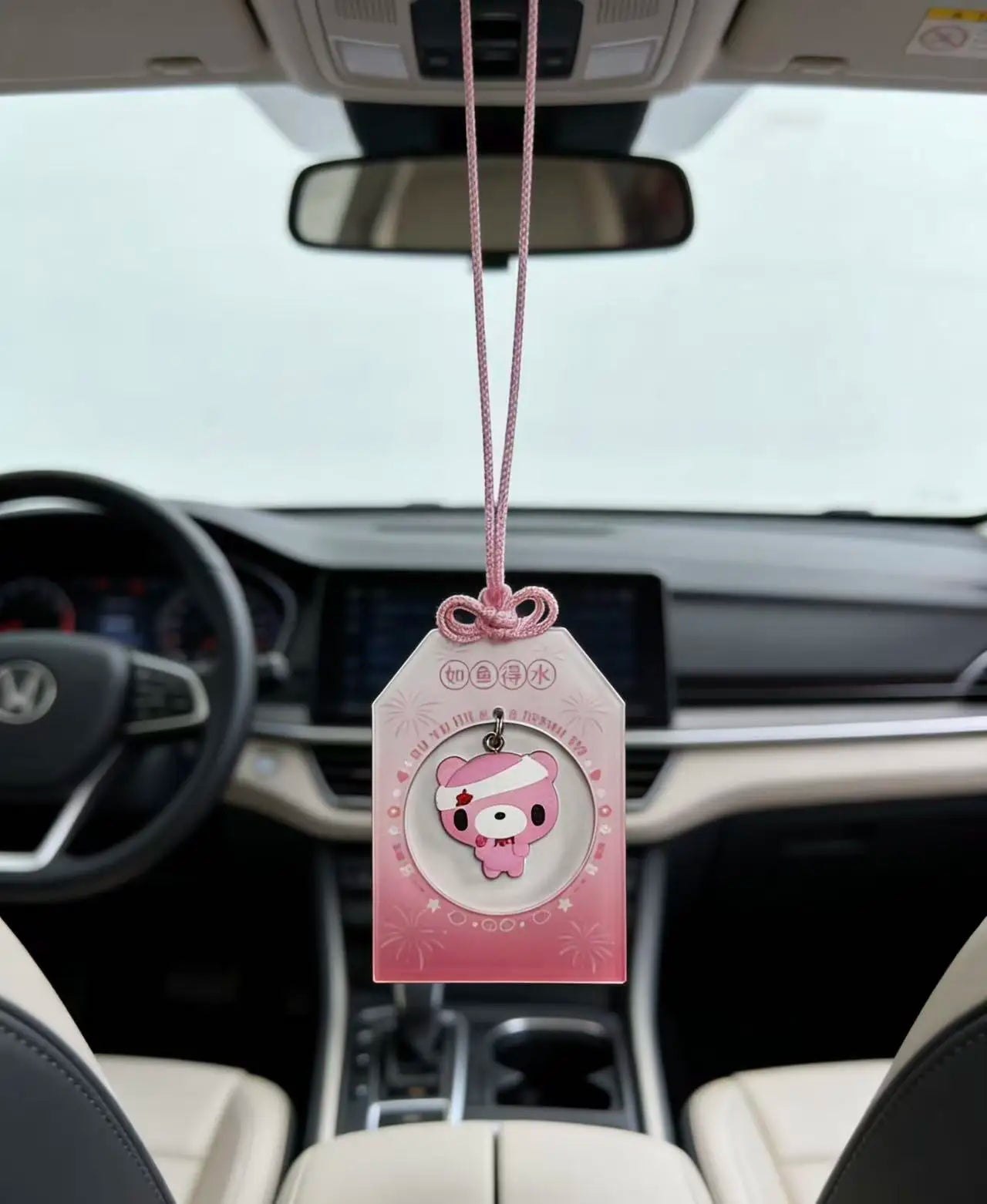 Pink Bear Omamori Car Hanging Ornament, Cute Lucky Charm for Vehicle