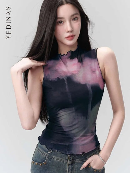 Yedinas Patchwork Tank Tops Summer 2024 Korean Fashion Mesh Tops Streetwear Sleeveless Tshirts Y2k Sheer Grunge Aesthetics