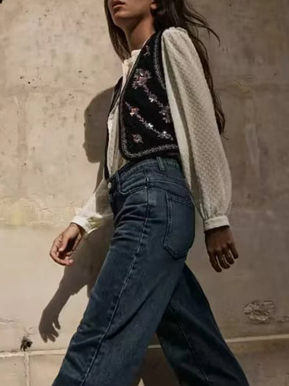 Women's Vintage Floral Embroidered Vest Tops Velvet Casual Open Front Sleeveless Cardigan Waistcoat Streetwear 2024 Autumn
