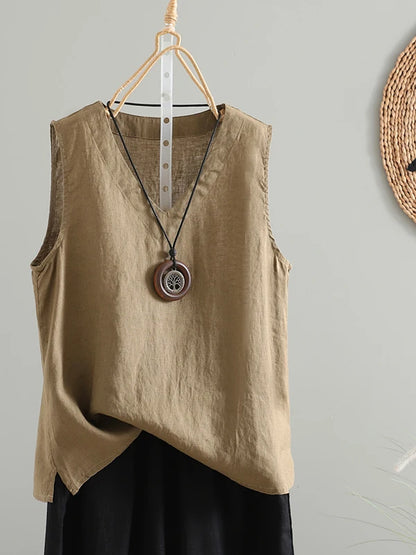 Slimming Pure Color Cotton Linen Lightweight Sleeveless round Neck Inner Wear Large Size Women's Fashionable Versatile Top