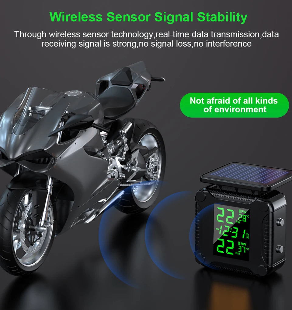 Powstation TPMS Wireless Motorcycle Tire Pressure Monitoring System Solar Charge Tyre Temperature Alarm System Colorful Display
