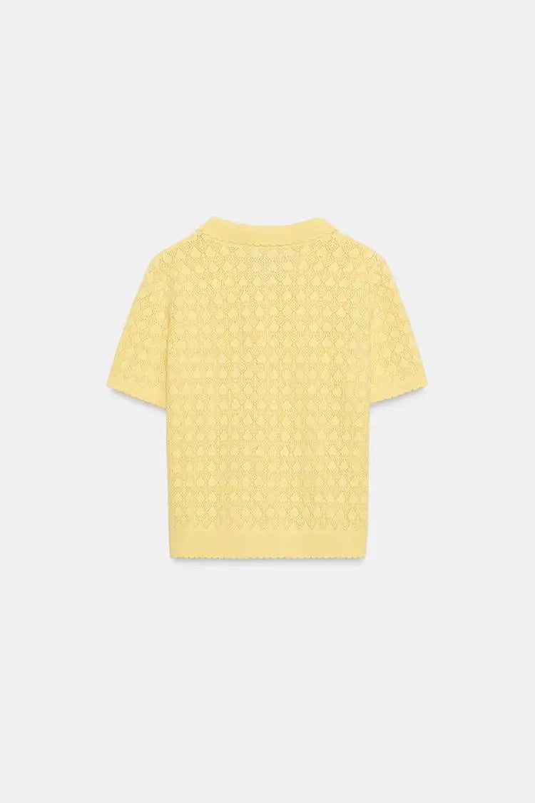 Spring Summer New Lazy Style Women's Knitted Short Sleeve  Shirt Collar Casual Outerwear Classic Pattern Loose Fit Polyes...