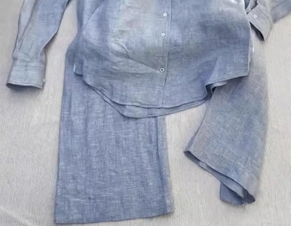 New Summer Women Leisure Lapel Collar Shirt Elegant Pantsuits Fashion Blue Suit Two-piece Set Simple Loose Comfortable Shirt