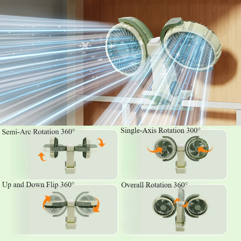 Hipacool Car Clip Dual Head Fan 4000mAh 3-Speeds Two Light Modes USB Rechargeable 360° Rotatable Desktop Cooling Air Fan