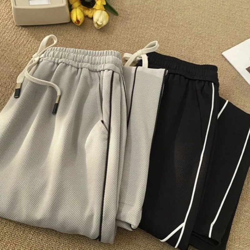 Men’s Lightweight Waffle Pants Summer Thin Joggers 2026 Drawstring Stripe Casual Sports Trousers for Daily Wear
