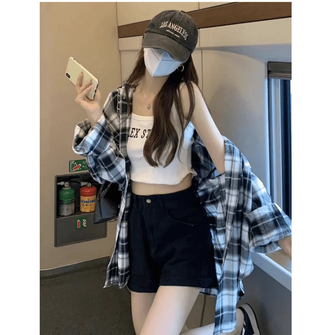 Retro Loose Lazy Plaid Shirt Women Early Autumn New Korean Version Casual Simple Long Sleeve Outer Commute Small Shirt