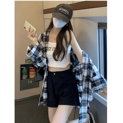 Retro Loose Lazy Plaid Shirt Women Early Autumn New Korean Version Casual Simple Long Sleeve Outer Commute Small Shirt
