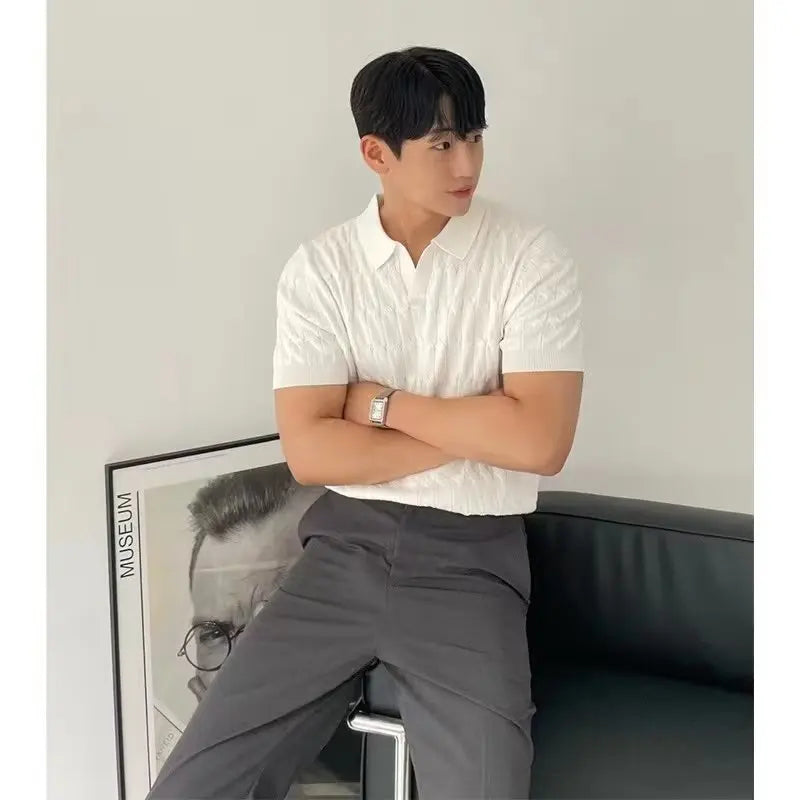 Men's Cable Knit Polo Shirt Short Sleeve V Neck Casual Summer Top 2026