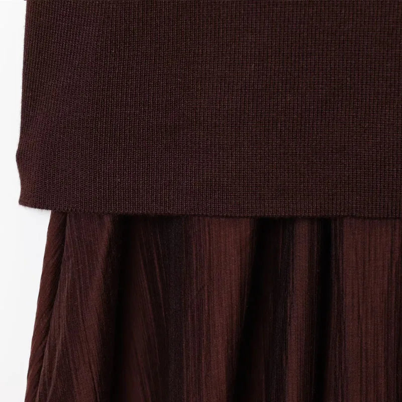 HXAO One Piece Women's Summer Dress Long Knitted Elegant Party Dresses Splicing Pleats Chiffon Short-Sleeved Casual Female Dress