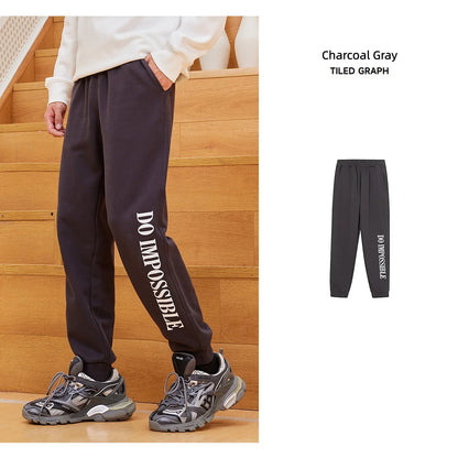 Metersbonwe Men's Fleece-Lined Tapered Pants with Side Print Autumn Winter Thermal Joggers Comfortable Cuffed Sport Sweatpants