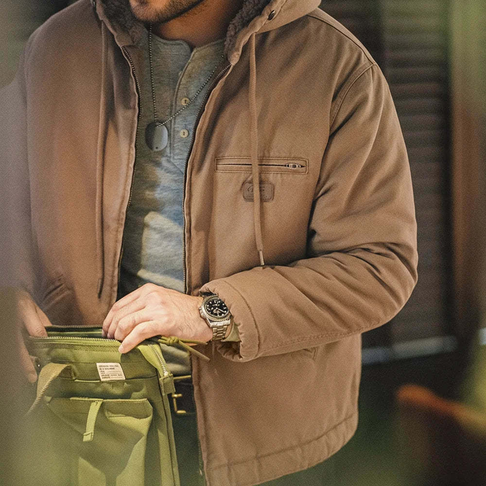 Maden Retro J141 Active Hooded Jacket Solid Color Sherpa Fleece Cotton-padded Coat with Velvet Warm  Canvas Outerwear for Men