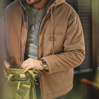 Maden Retro J141 Active Hooded Jacket Solid Color Sherpa Fleece Cotton-padded Coat with Velvet Warm  Canvas Outerwear for Men