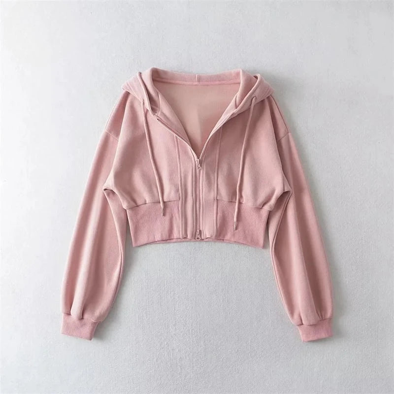 Full Zip Up Women's Hoodies Sweatshirts Plain Korean Clothing Aesthetic 90s Vintage Essential Basic Female Hooded Top Cropped