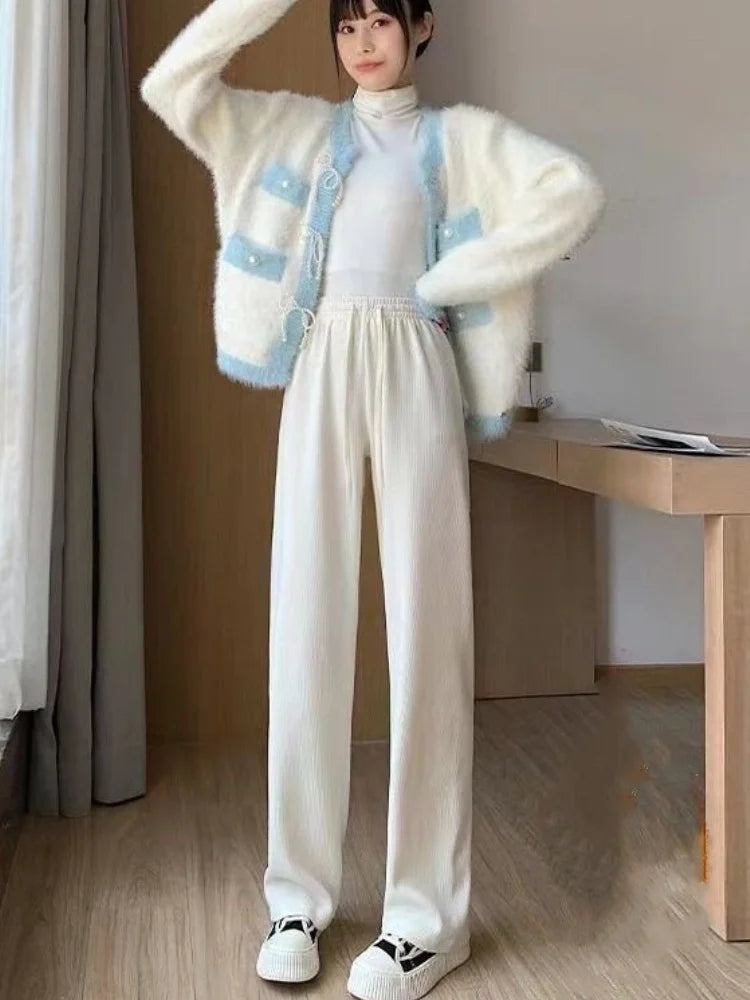 Women's High Waist Wide Leg Pants Autumn Winter Slimming Versatile Fleece Lined Drapey Loose Casual Sports Straight Leg Pants