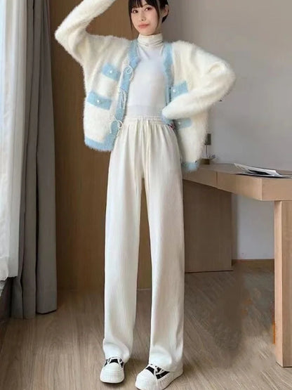 Women's High Waist Wide Leg Pants Autumn Winter Slimming Versatile Fleece Lined Drapey Loose Casual Sports Straight Leg Pants