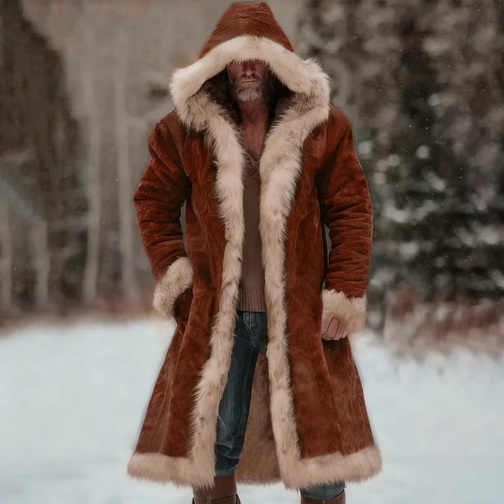 Men's Winter Thickened Hooded Jacket with Fleece Lining Solid Color Coat Long Sleeve Cardigan Style for Casual and Homewear