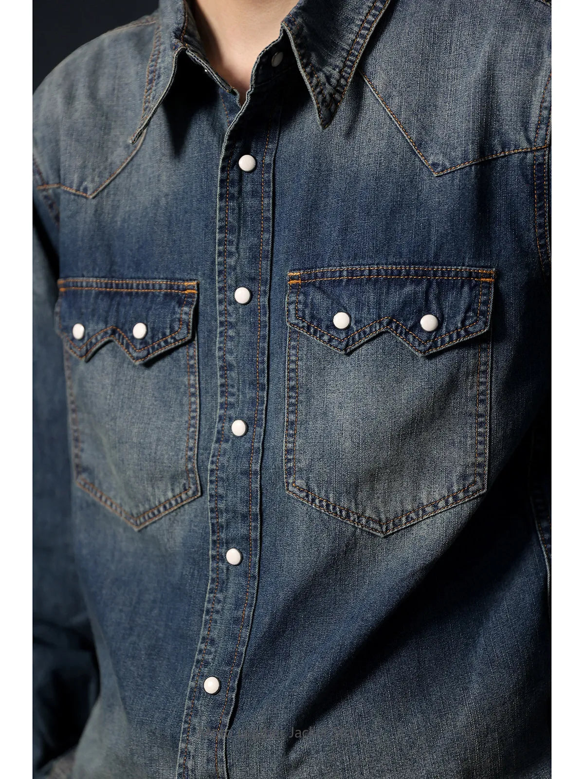 American Retro Western Denim Shirt Raw Denim Washed Casual Pearl Snap Button Western Shirt