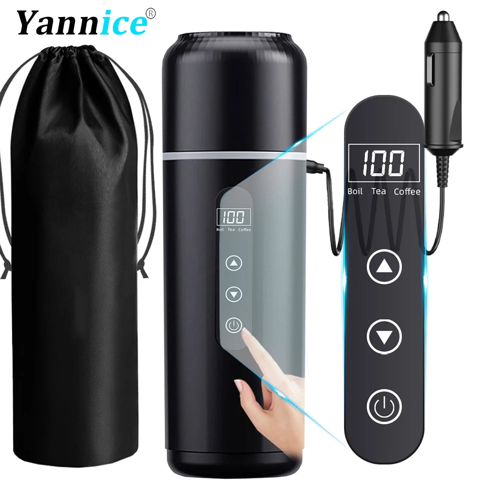 12V/24V Car Heating Cup 500ml Temperature Adjustable Coffee Tea Truck Cup with 304 Stainless Steel Dry Burn Protection & Cup Bag