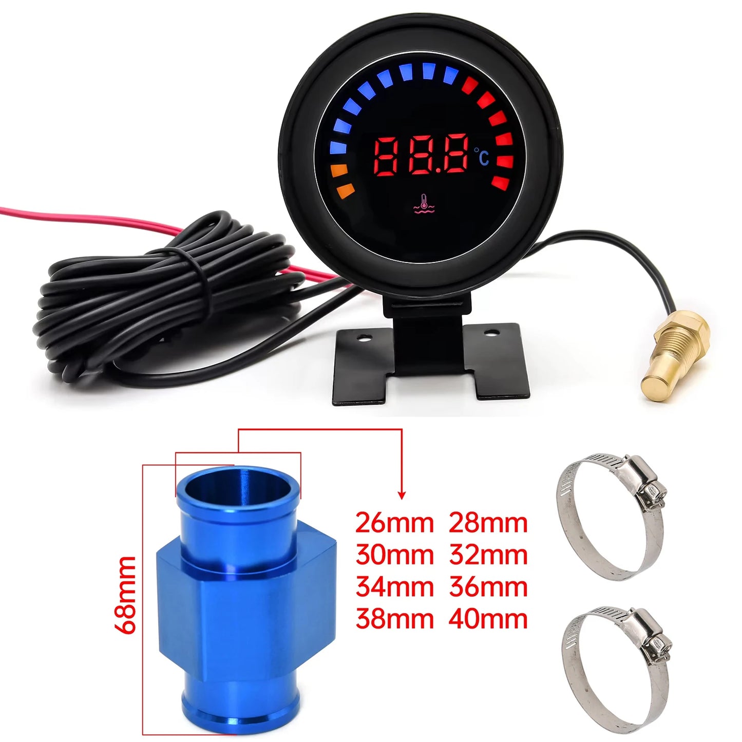 52mm 2 in 1 LED Digital Water Temp Gauge Voltmeter 12V 24V Car Truck Motorcycle with 10mm Sensor 26-40MM Adapter Celsius Meter