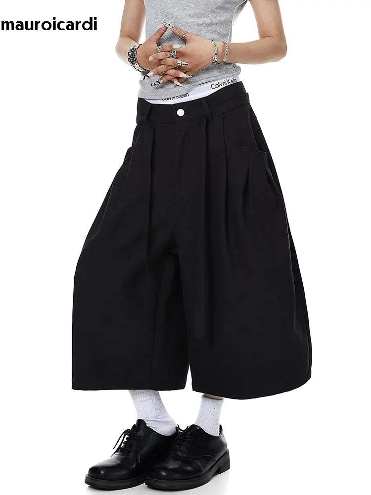 Mauroicardi Spring Summer Loose Soft Baggy Black Scimitar Wide Leg Shorts for Men High Waist Sashes Knee Length Pants Clothes