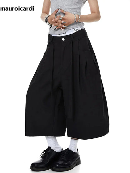 Mauroicardi Spring Summer Loose Soft Baggy Black Scimitar Wide Leg Shorts for Men High Waist Sashes Knee Length Pants Clothes