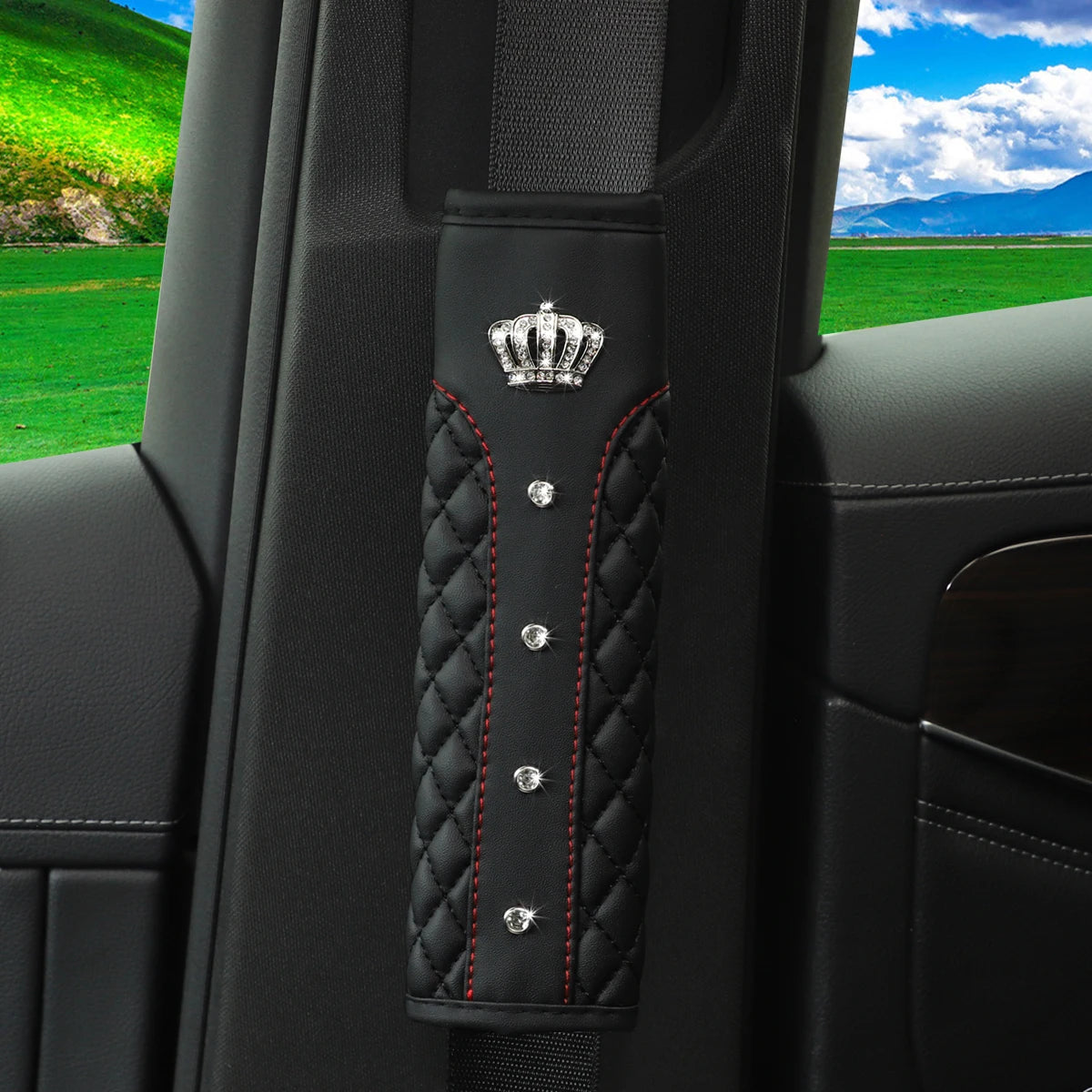 1 Diamond-encrusted Blingbling Metal Crown Faux Sheepskin Car Supplies Seat Belt Shoulder Strap Comfort Safety Belt